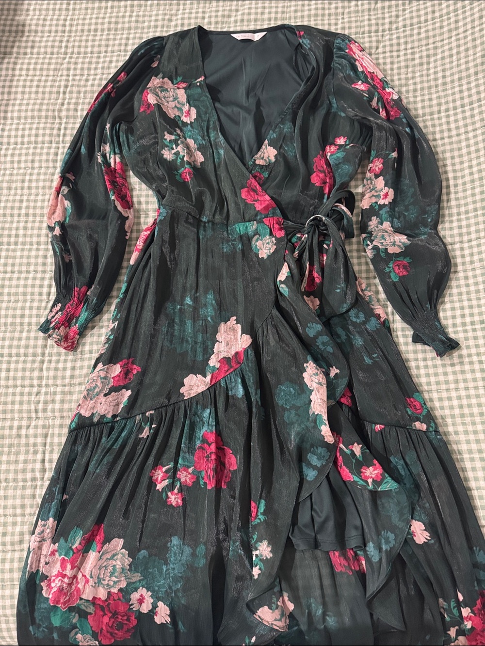 LC Lauren Conrad Dark Green Floral Wrap Dress with Pink Blooms